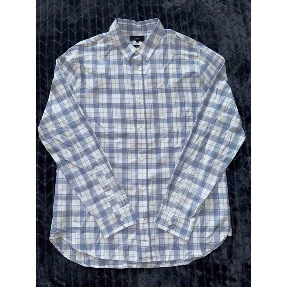 Vince Men Classic-Fit Blue Plaid Cotton Long-Sleeve Button-up Shirt‎ Size Large